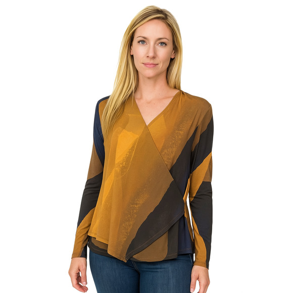 Clara Sun Woo Top Crossover Faux Wrap Size Large Mustard Navy Long Sleeve Work - Picture 9 of 9